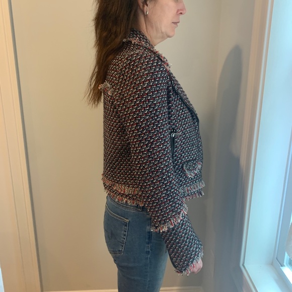 Zara Grey/Red Tweed Fringe Hem Crop Moto Jacket S - Picture 5 of 8
